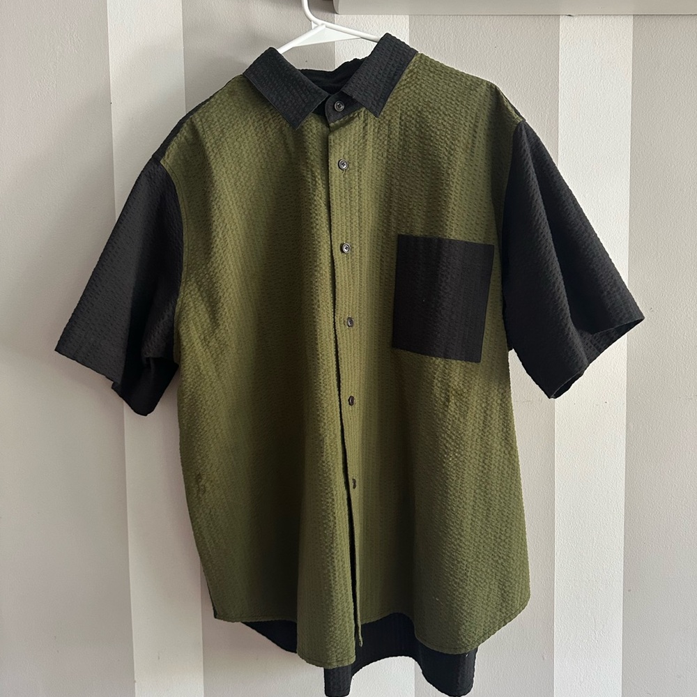 Olive and Black Seersucker Shirt - Size Large - 100% cotton - made in USA
